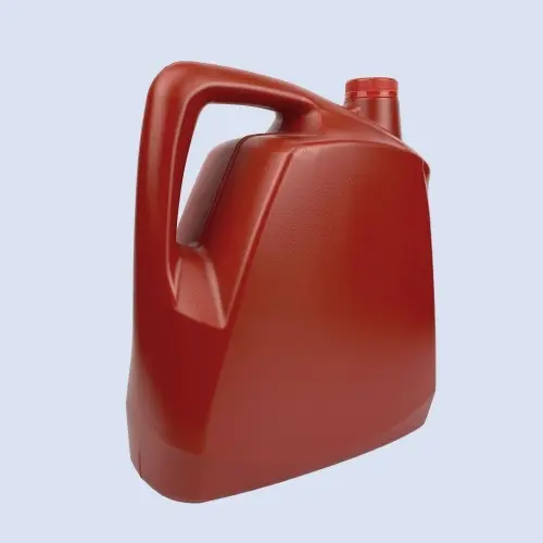 Rear angled view of a red 6 liter HDPE engine oil bottle with ergonomic carry handle.