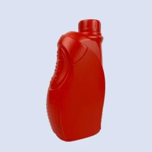 Angled view of red 1L oil measuring bottle for engine lubricant packaging