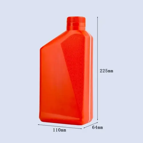 Dimension illustration of 1 liter red engine oil bottle measuring 225mm height, 110mm width and 64mm depth
