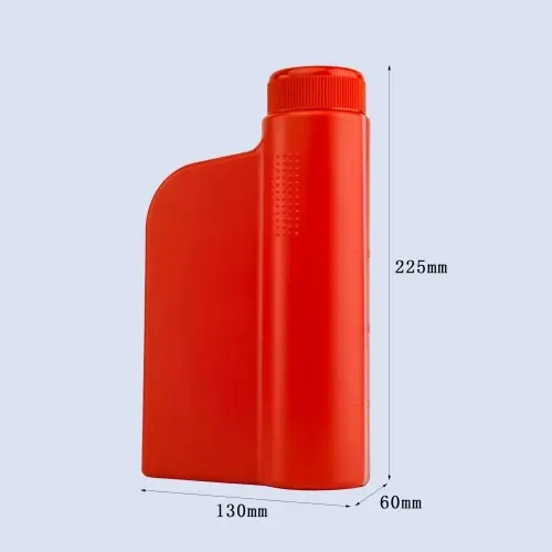 Dimensions of 1 liter red HDPE engine oil bottle with 225mm height and 130mm width