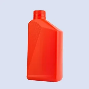 Front angled view of red 1 liter HDPE engine oil bottle with textured grip panel and screw cap