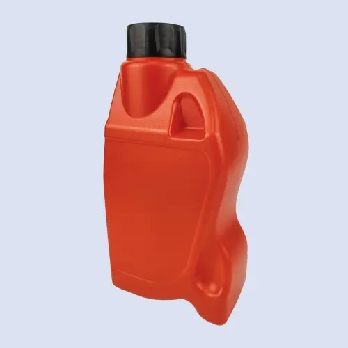 Front angled view of red 1 liter HDPE engine oil bottle with integrated grip handle and black screw cap