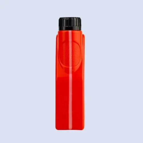 Side view of red 1 liter HDPE engine oil bottle with black screw cap and textured grip panel