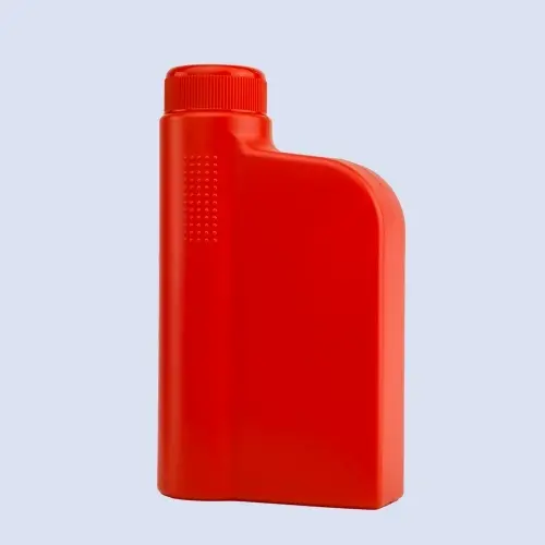 Front view of red 1 liter HDPE car engine oil bottle for lubricant packaging