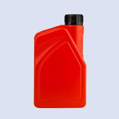 Front view of red HDPE engine oil packaging bottle with black cap and textured shoulder design