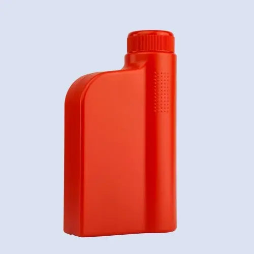 Angled view of red 1 liter HDPE lubricant bottle for engine oil packaging
