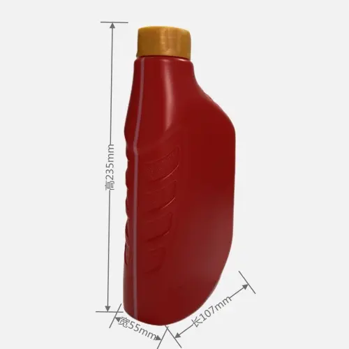Dimensions of 1 liter red HDPE lubricant oil bottle with 235mm height and 107mm width