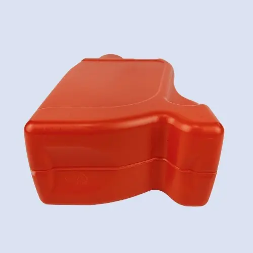 Bottom view of red HDPE lubricant bottle featuring molded base and curved body design