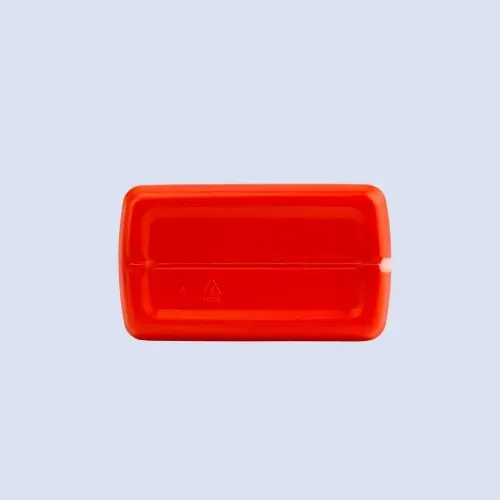 Bottom view of red HDPE lubricant bottle displaying molded base and recycling symbol