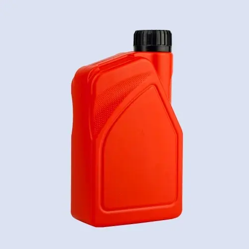 Angled perspective of red automotive lubricant bottle featuring ergonomic contours and large label panel