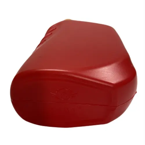Bottom view of red HDPE lubricant oil packaging bottle
