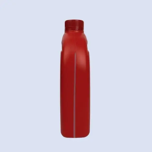 Side view of red automotive lubricant bottle showing slim profile and vertical measurement strip