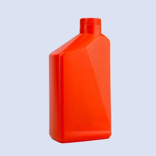 Rear angled view of red HDPE lubricant container featuring textured side panel and rectangular body design