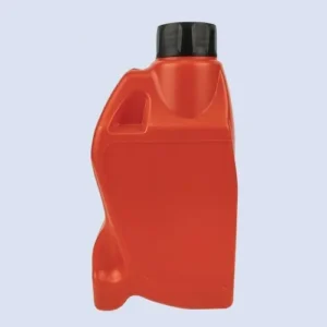 Front view of red HDPE motor oil bottle with built-in handle recess and ergonomic shape