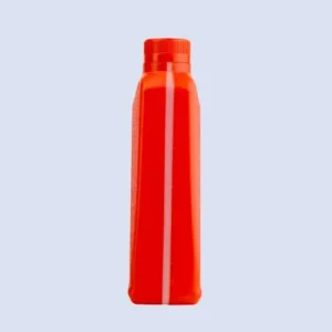 Side view of red motor oil packaging bottle showing slim profile and measurement strip