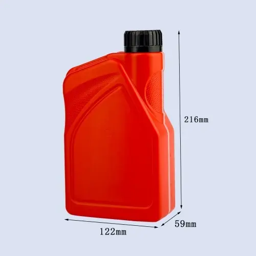Dimension view of 1 liter red motor oil container measuring 216mm height, 122mm width and 59mm depth