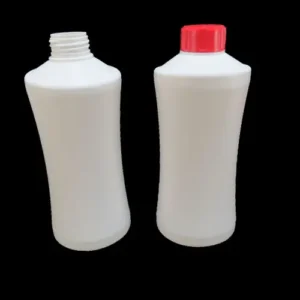 Front view of round white HDPE engine oil bottle for automotive lubricant packaging