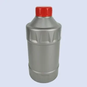 Front perspective of round gray lubricant oil bottle fitted with a red screw cap