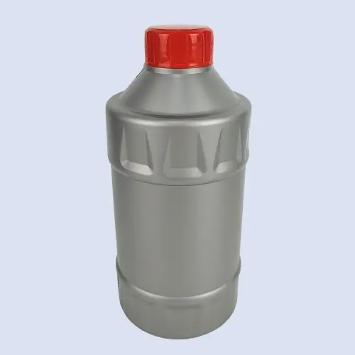 Front perspective of round gray lubricant oil bottle fitted with a red screw cap