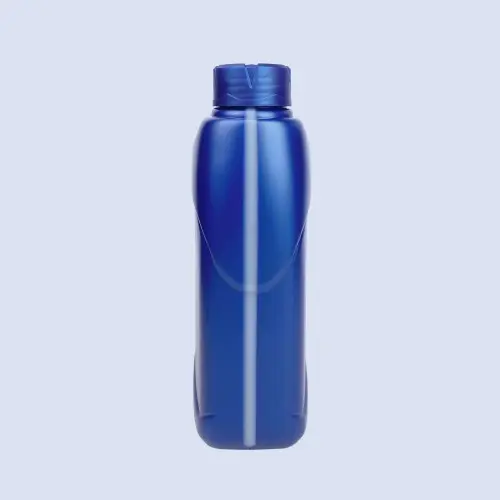 Rear profile view of royal blue 1.5 liter HDPE engine oil bottle with ergonomic handle.