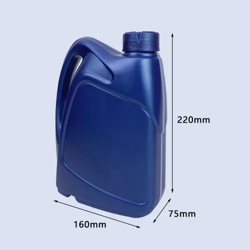 Royal blue 1.5 liter HDPE motor oil container showing dimensions for lubricant packaging applications.