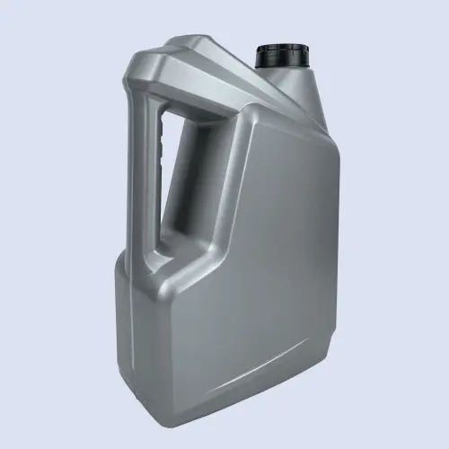 Angled rear view of a silver 5 liter HDPE automotive oil bottle with ergonomic carry handle.