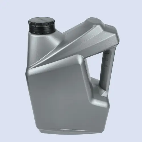 Silver 5 liter HDPE engine oil bottle with ergonomic handle for automotive lubricant packaging.