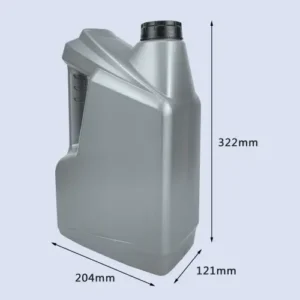 silver 5 liter hdpe motor oil bottle dimensions Silver 5 liter HDPE motor oil bottle with ergonomic handle and product dimensions.