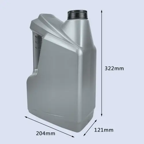 Silver 5 liter HDPE motor oil bottle with ergonomic handle and product dimensions.
