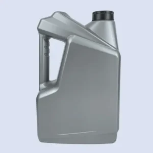 Front view of a silver 5 liter HDPE oil container for motor oil and lubricant packaging.