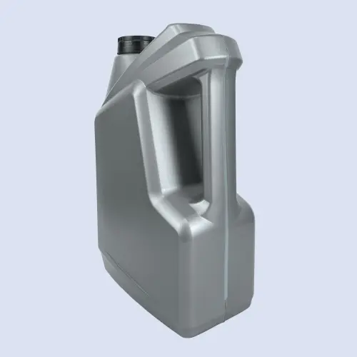 Side handle view of a silver 5 liter HDPE lubricant bottle with comfortable grip design.