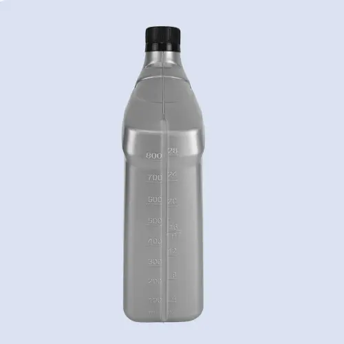 Front measurement view of 1 liter silver HDPE oil measuring bottle