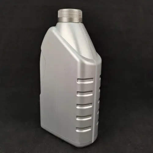 Side view of silver HDPE car oil bottle with grip lines