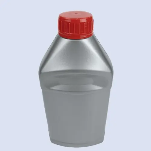 Front view of 1 liter silver HDPE engine oil container with red cap and integrated handle contour