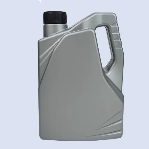 Silver and gold style 2 liter HDPE oil packaging bottle with handle for motor oil applications.