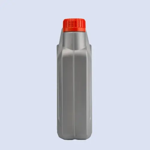 Side profile of silver gray HDPE engine oil container.