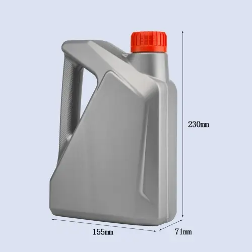 Silver gray 1.5 liter engine oil jerry can with dimensions shown.