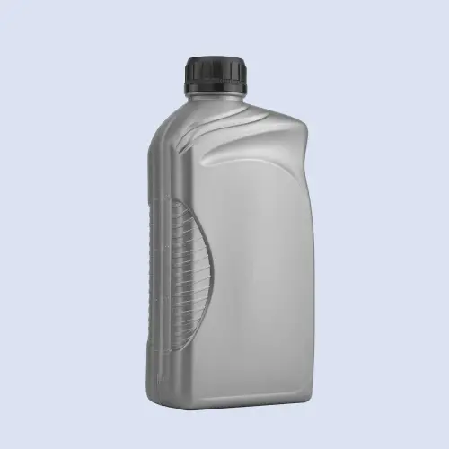 Angled view of silver gray HDPE oil bottle with textured side grip.