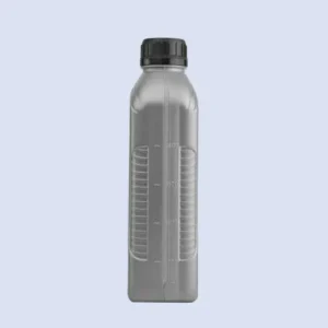 silver gray 1.5 liter hdpe oil bottle side scale view Side view of silver gray oil bottle with molded volume measurement scale.