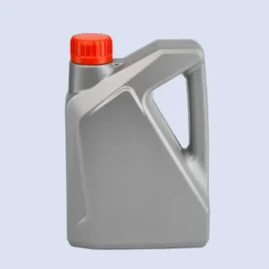 silver gray 1.5 liter lubricant jerry can front angle view Angled view of silver gray lubricant bottle with integrated handle.