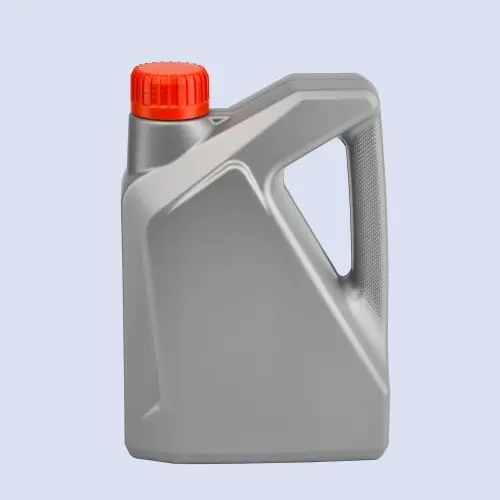 Angled view of silver gray lubricant bottle with integrated handle.