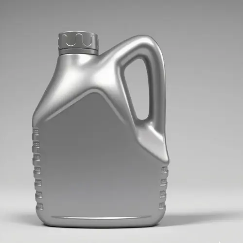 Front profile of silver gray 2 liter automotive oil container for engine lubricant packaging.