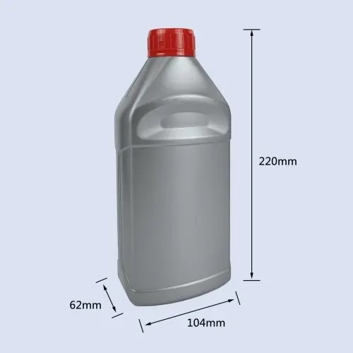 Dimension view of 1 liter silver HDPE engine oil bottle with red screw cap measuring 220mm height, 104mm width and 62mm depth