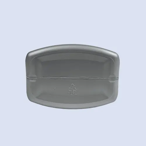 Bottom view of 1 liter silver HDPE oil bottle showing stable base construction and recycling identification mark