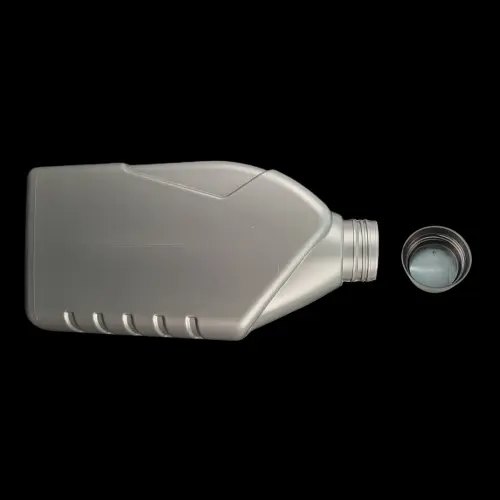 Horizontal view of silver HDPE lubricant bottle with cap removed