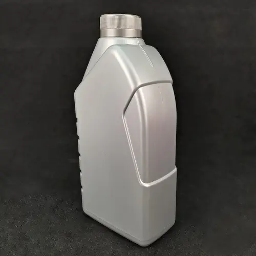 Angled view of silver HDPE lubricant bottle with molded grip design
