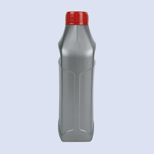 Side profile view of silver automotive lubricant bottle with slim rectangular body and reinforced side panels