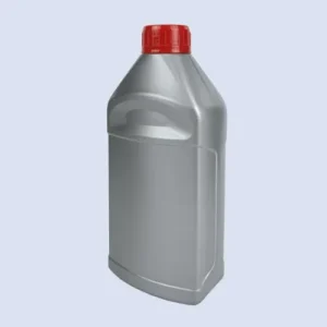 Angled front view of silver plastic motor oil bottle featuring ergonomic side grip panel and wide label area