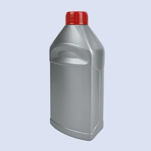Angled front view of silver plastic motor oil bottle featuring ergonomic side grip panel and wide label area