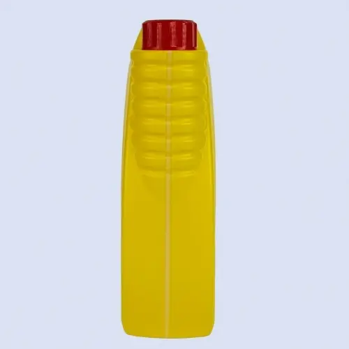 Side profile of sunflower yellow 2 liter engine lubricant bottle for automotive oil packaging.
